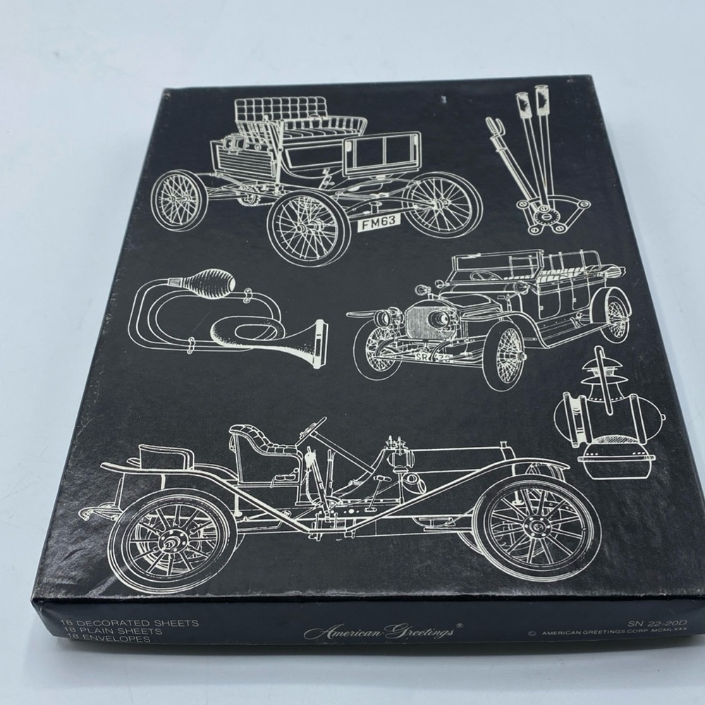 Vintage AMERICAN GREETINGS Stationery BOX Old Cars Notepaper Fold Envelopes USA